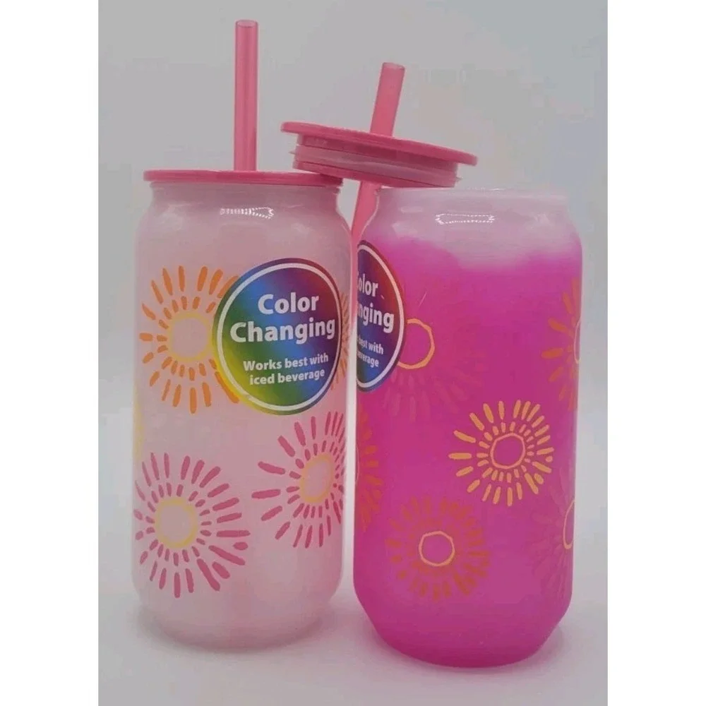 NEW Set Of 2 - 20oz Color Changing Tumbler Lid Straw Orange & Pink Summer Fruit
